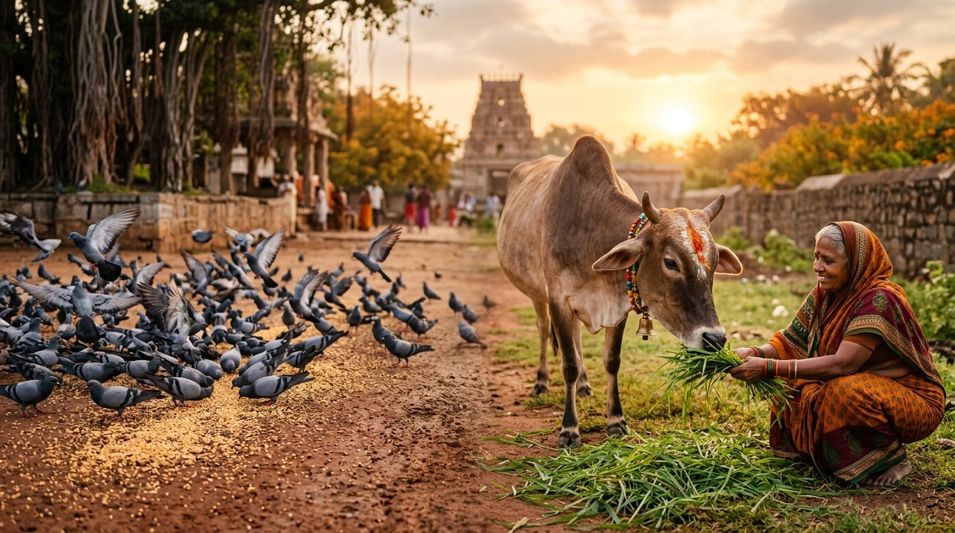 Daily bird feeding seva with unpolished grains in Hyderabad sanctuary