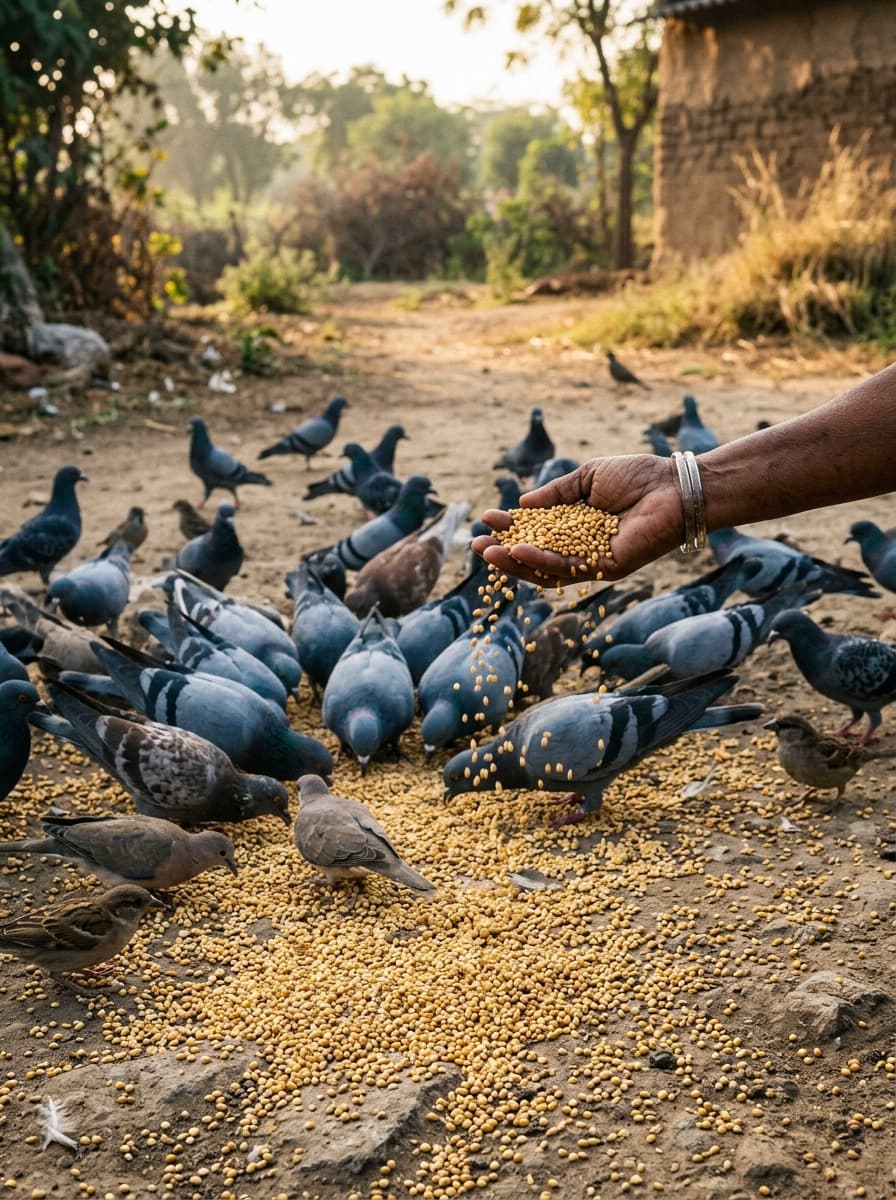Pigeon Feeding Seva with Hand Holding Grain